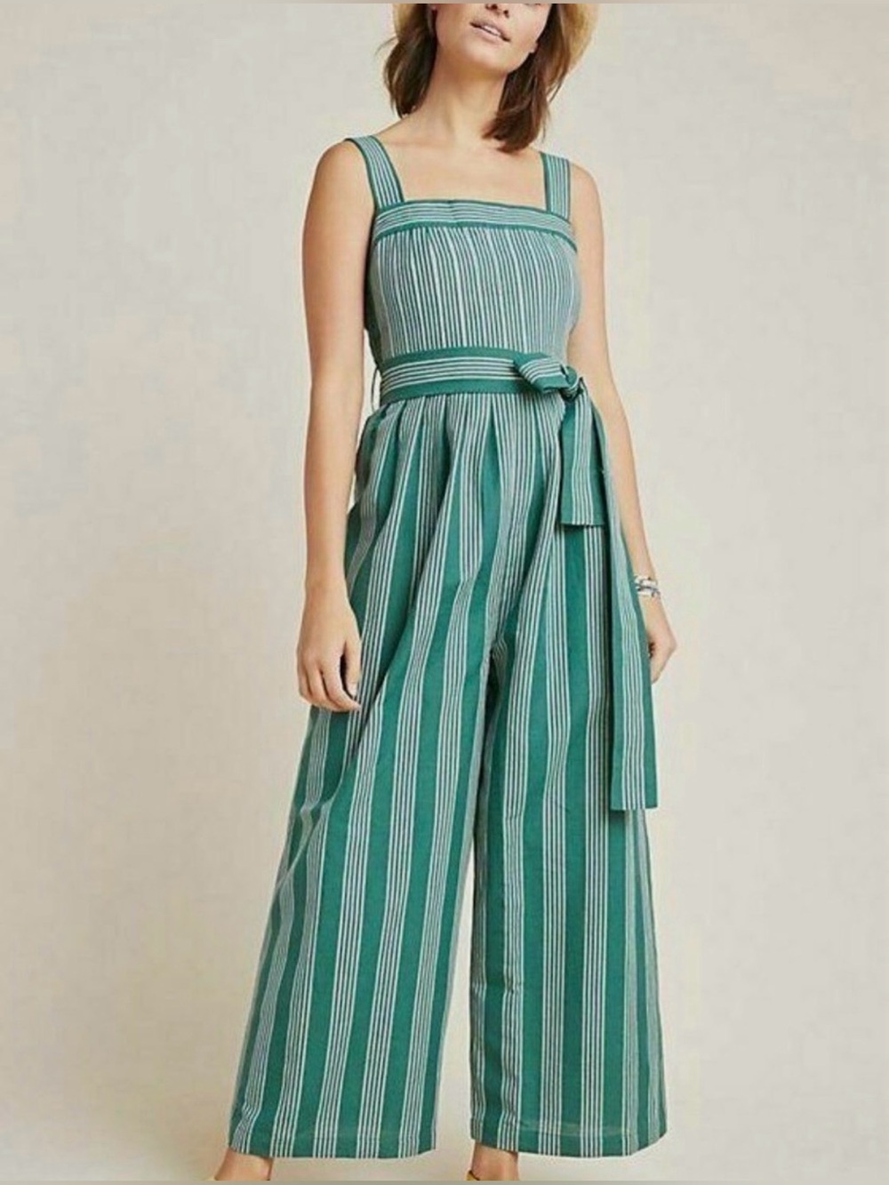 Anthropologie Payal Pratap Striped Wide-Leg Jumpsuit with Belt - Green Sz 2